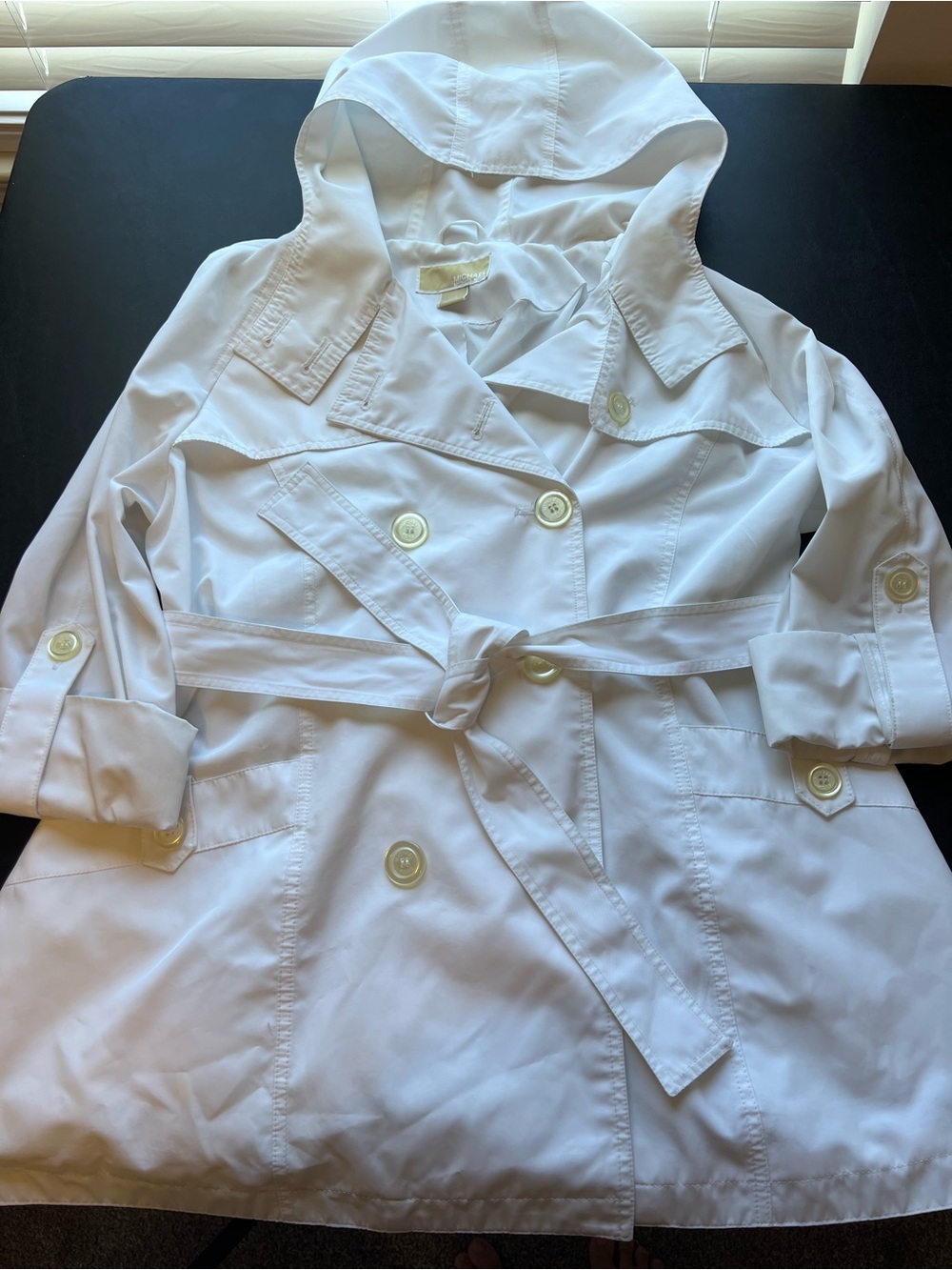Michael Kors White Double-Breasted Hooded Trench Coat
